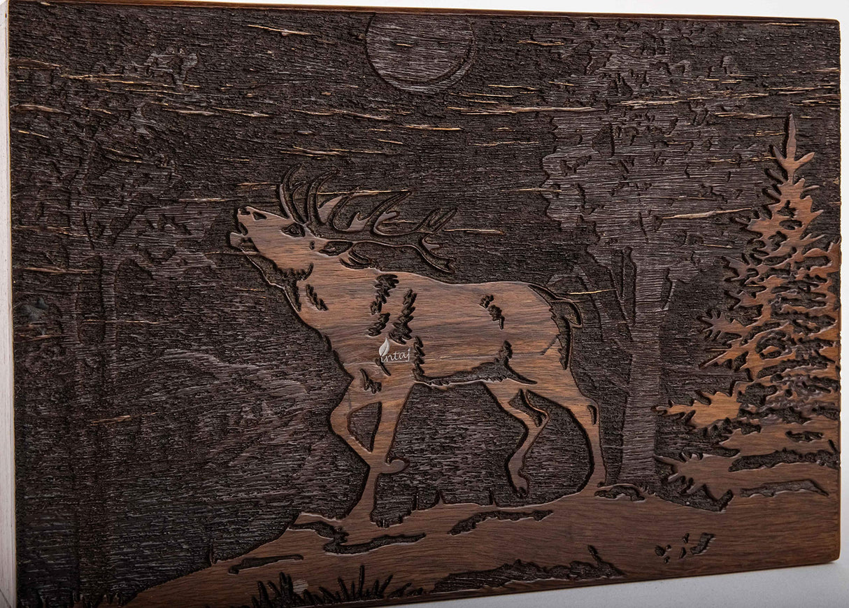 INTAJ Handmade Wooden Cremation Urn for Human Ashes - Deer Engraved Wooden Burial Urns Hand-Crafted - Funeral Cremation Urn for Ashes (Rosewood, XL INTAJ