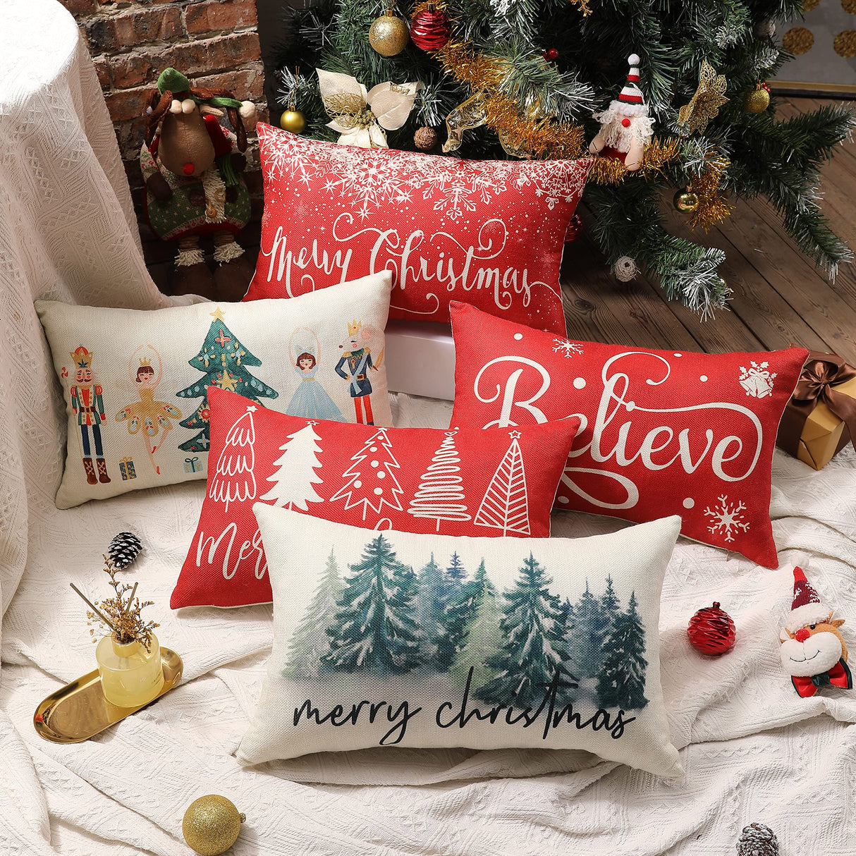 Merry Christmas Pillow Cover 12x20 Farmhouse Christmas Throw Lumbar Pillow Cover Decorations Christmas Tree Holiday Decor Case for Home Couch DFXSZ