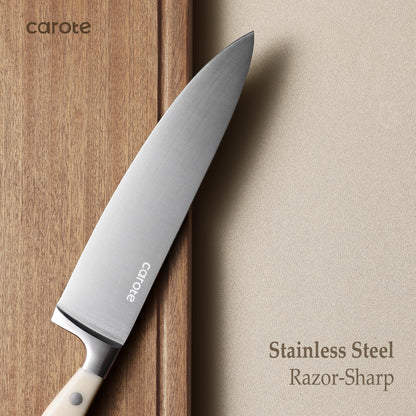 CAROTE 14 Pieces Knife Set with Block, Forged, High Carbon Stainless Steel Sharp Blade Block Knife Set, Dishwasher Safe Cutlery, Cream