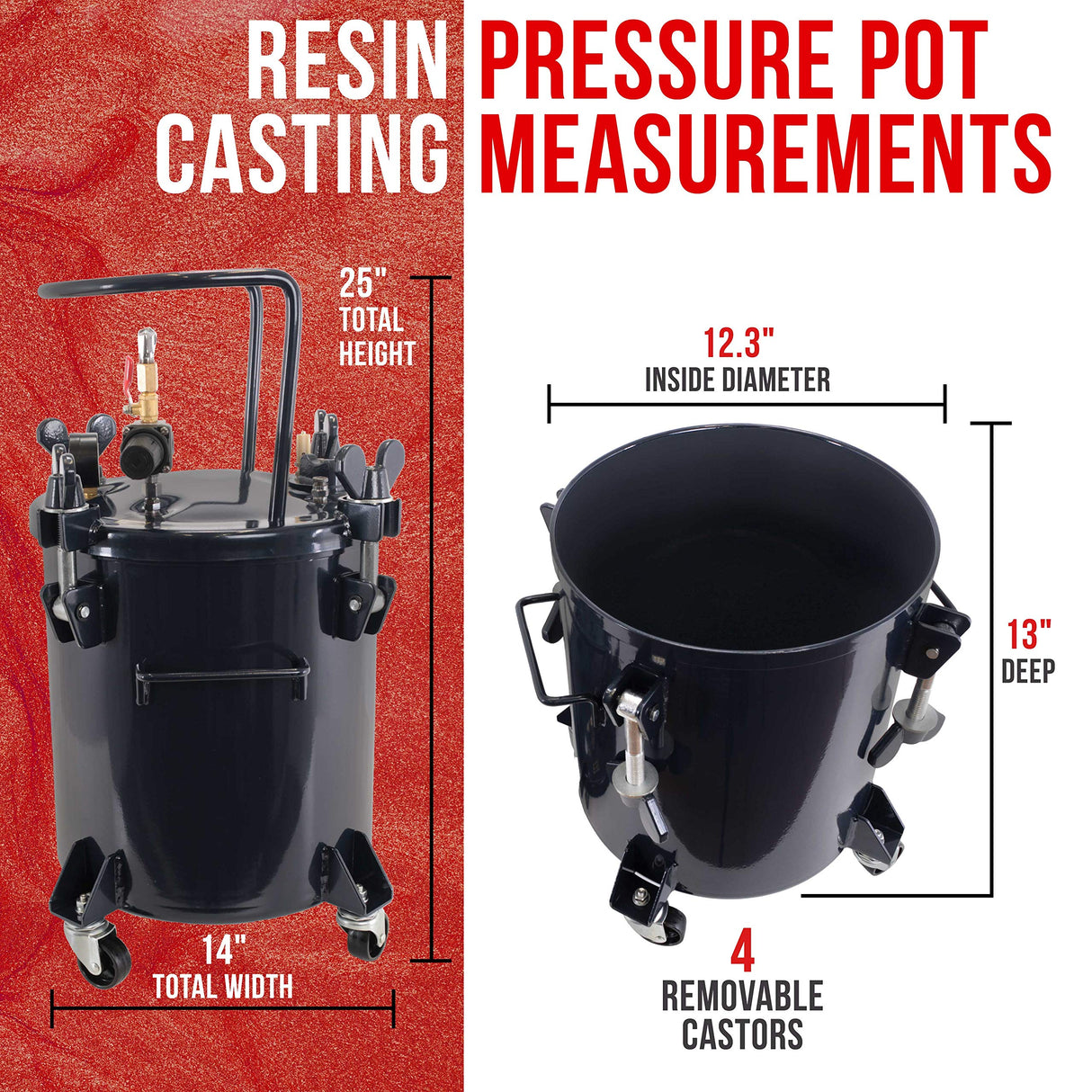 TCP Global 5 Gallon (20 Liters) Pressure Pot Tank for Resin Casting - Heavy Duty Powder Coated Pot with Air Tight Clamp On Lid, Caster Wheels, Regulator, Gauge - Use for Curing Resin in Casting Molds TCP Global