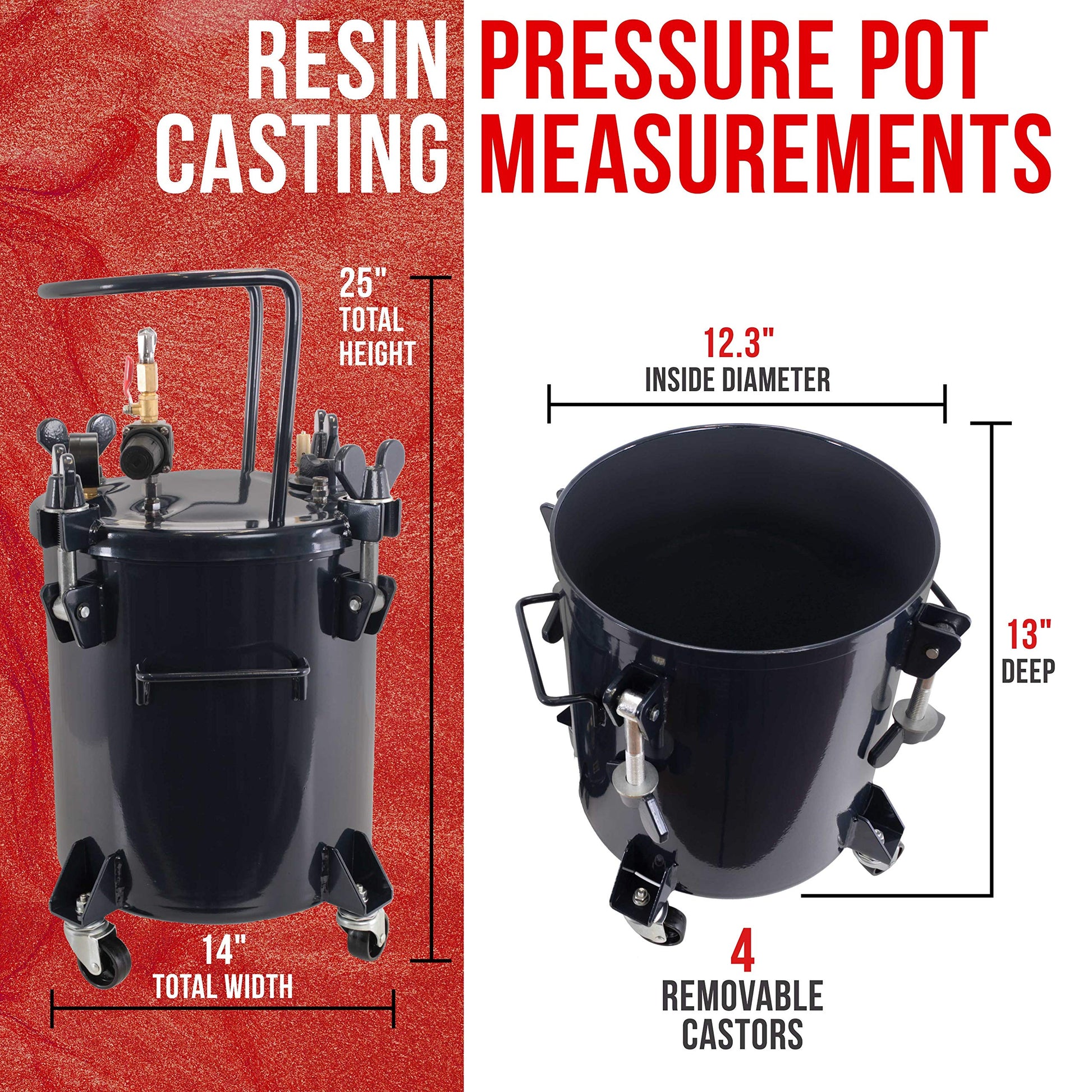 TCP Global 5 Gallon (20 Liters) Pressure Pot Tank for Resin Casting - Heavy Duty Powder Coated Pot with Air Tight Clamp On Lid, Caster Wheels, Regulator, Gauge - Use for Curing Resin in Casti - WoodArtSupply