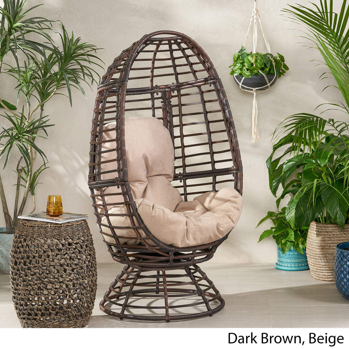 Christopher Knight Home Frances Outdoor Wicker Swivel Egg Chair with Cushion, Dark Brown, Beige Christopher Knight Home
