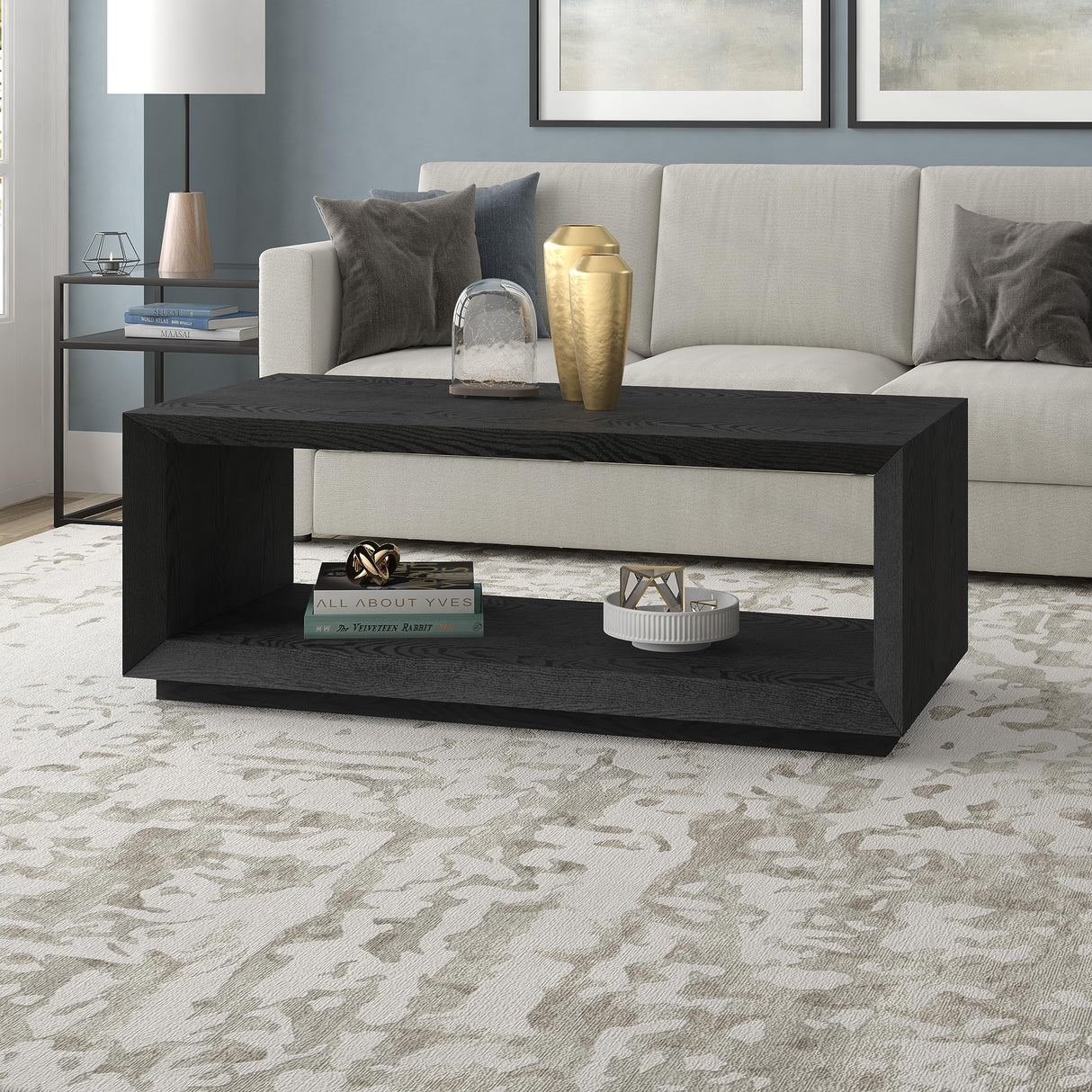 Henn&Hart 48" Rectangular Coffee Table with Open Storage Shelf for Living Room, Family Room, or Office, Black Grain Henn&Hart