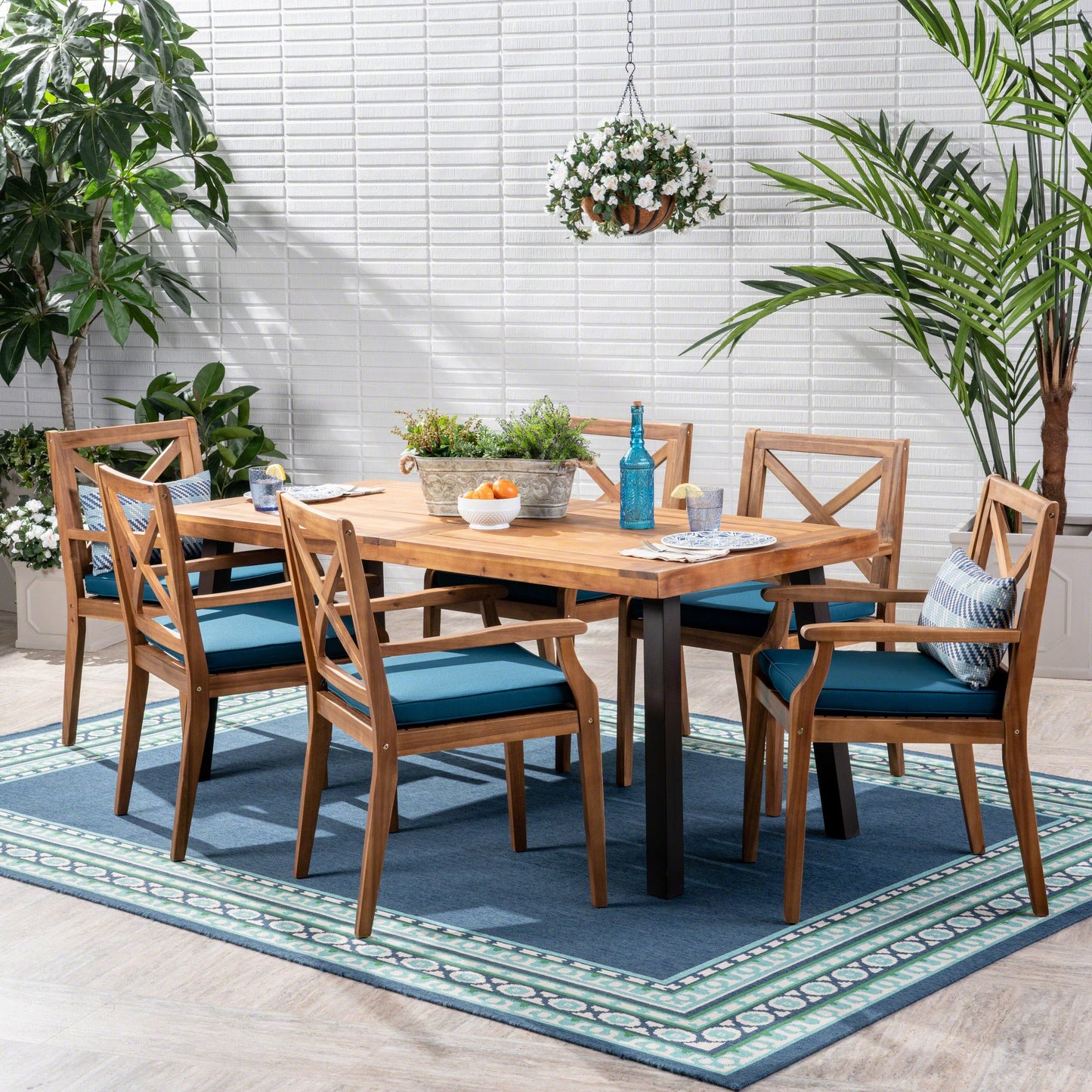 Christopher Knight Home Justin Outdoor 7 Piece Acacia Wood Dining Set, Teak Finish/Rustic Metal/Blue - WoodArtSupply