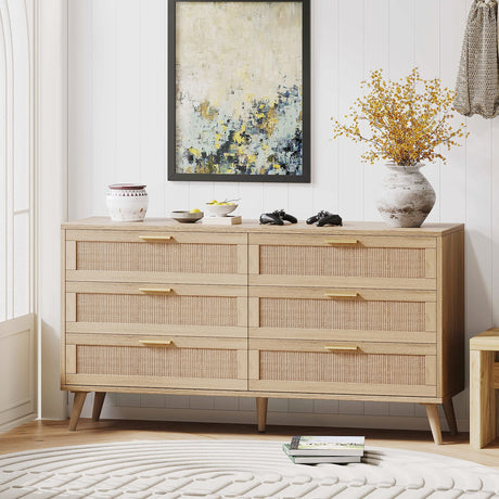 Rovaurx 6 Drawer Double Dresser for Bedroom, Rattan Chest of Dressers, Modern Wooden Dresser Chest with Golden Handles, Beside Table for Closet, Living Room and Entryway, Natural RDG001M Rovaurx