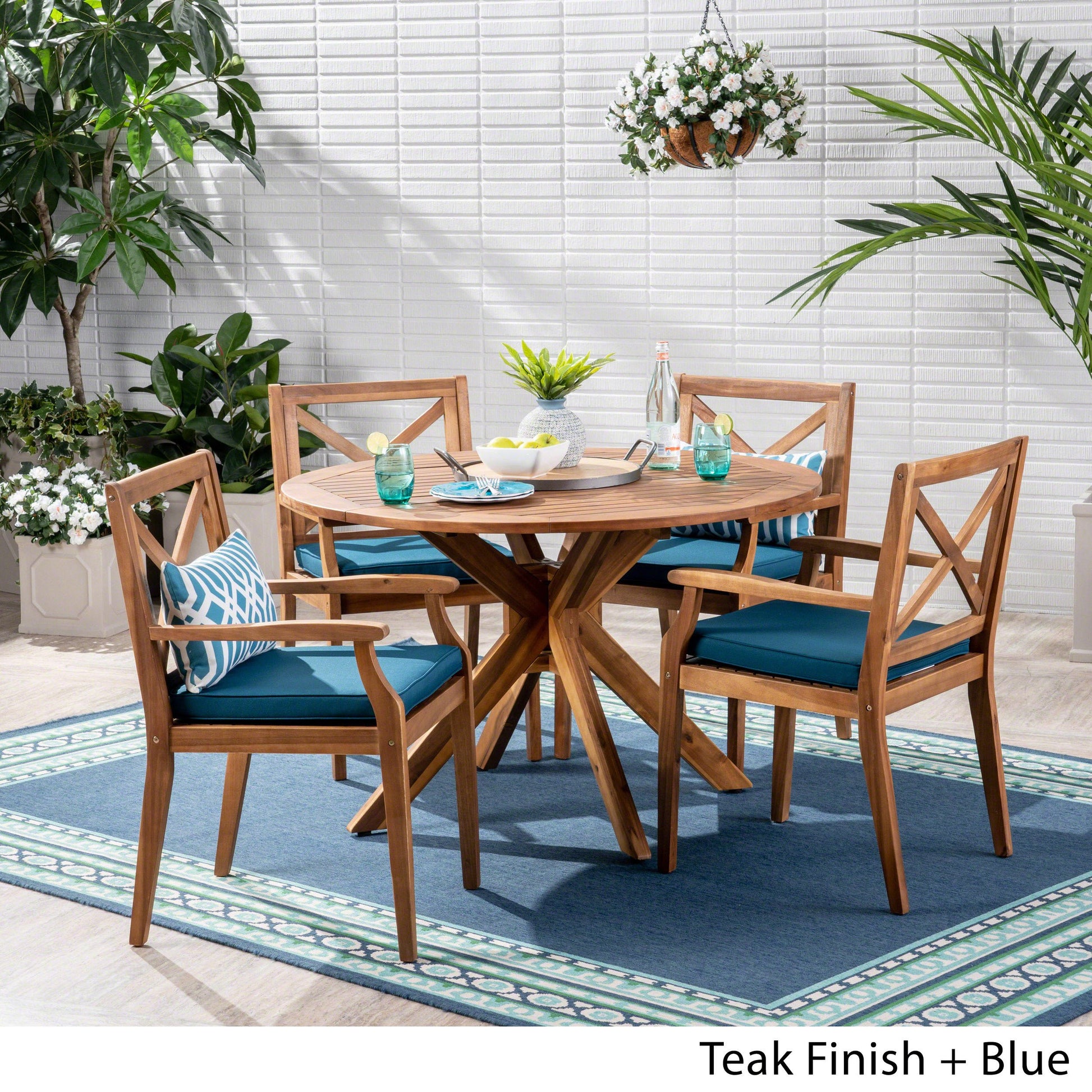 Christopher Knight Home Jordan Outdoor 5 Piece Acacia Wood Dining Set, Teak Finish/Blue - WoodArtSupply