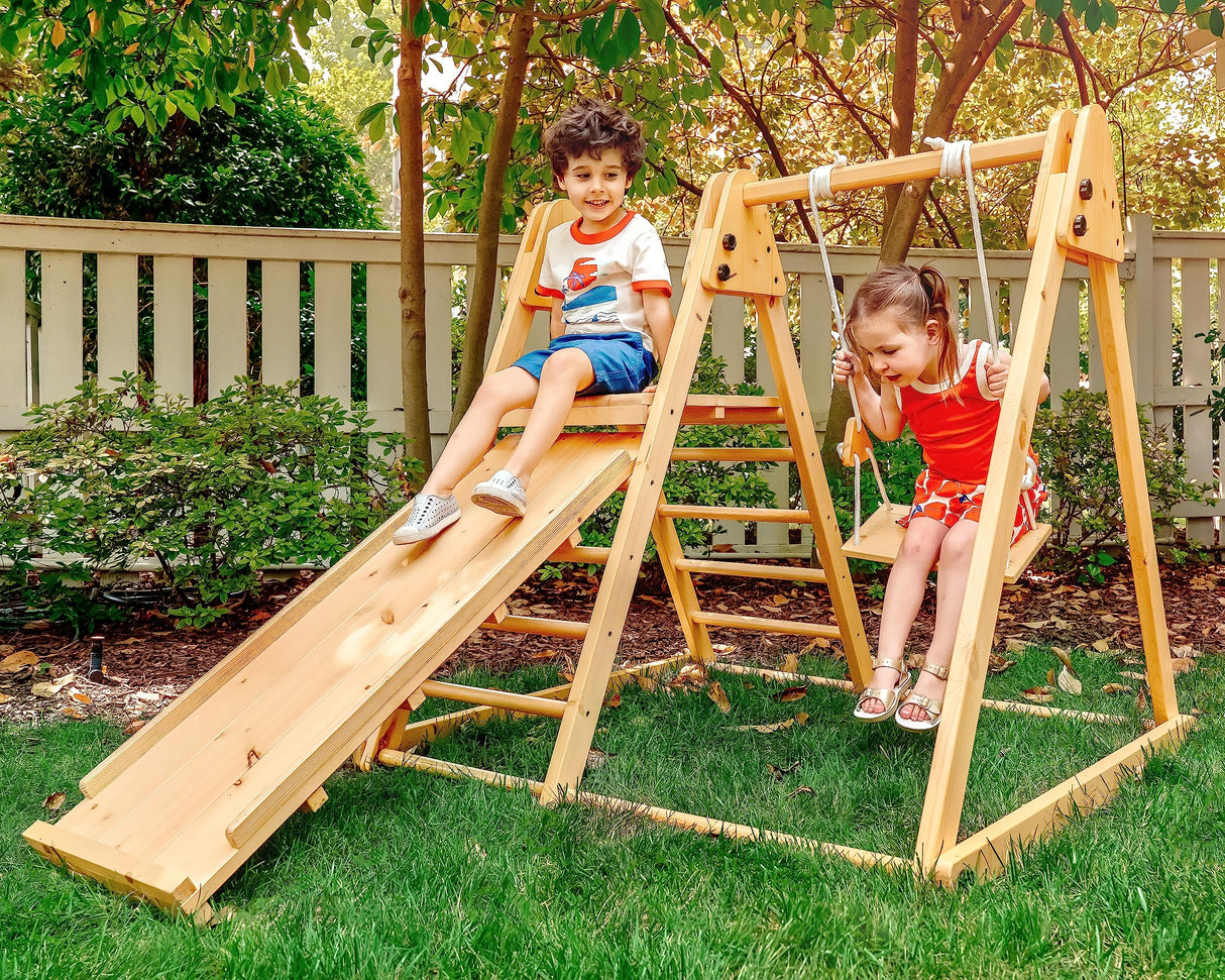 Avenlur 4-in-1 Juniper Outdoor Play Gym - Jungle Gym Playset with Baby Swing, Slide, Ladder, and Climbing Wall - Foldable Wooden Playset - Outdoor Jungle Gym for Kids Ages 18mo to 6yrs Avenlur
