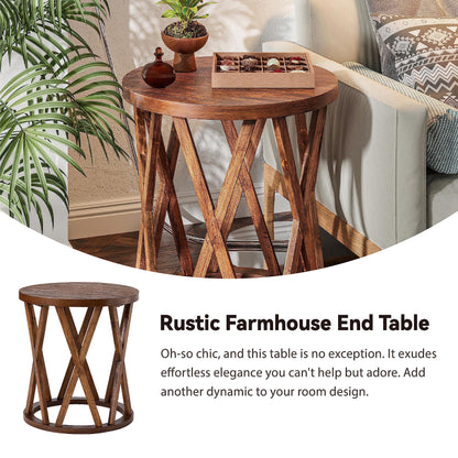 COZAYH Farmhouse End Table, Rustic Round Side Table with X-Motifs Legs, Wood Textured Top, for Boho, French Country Decor, Brown - WoodArtSupply