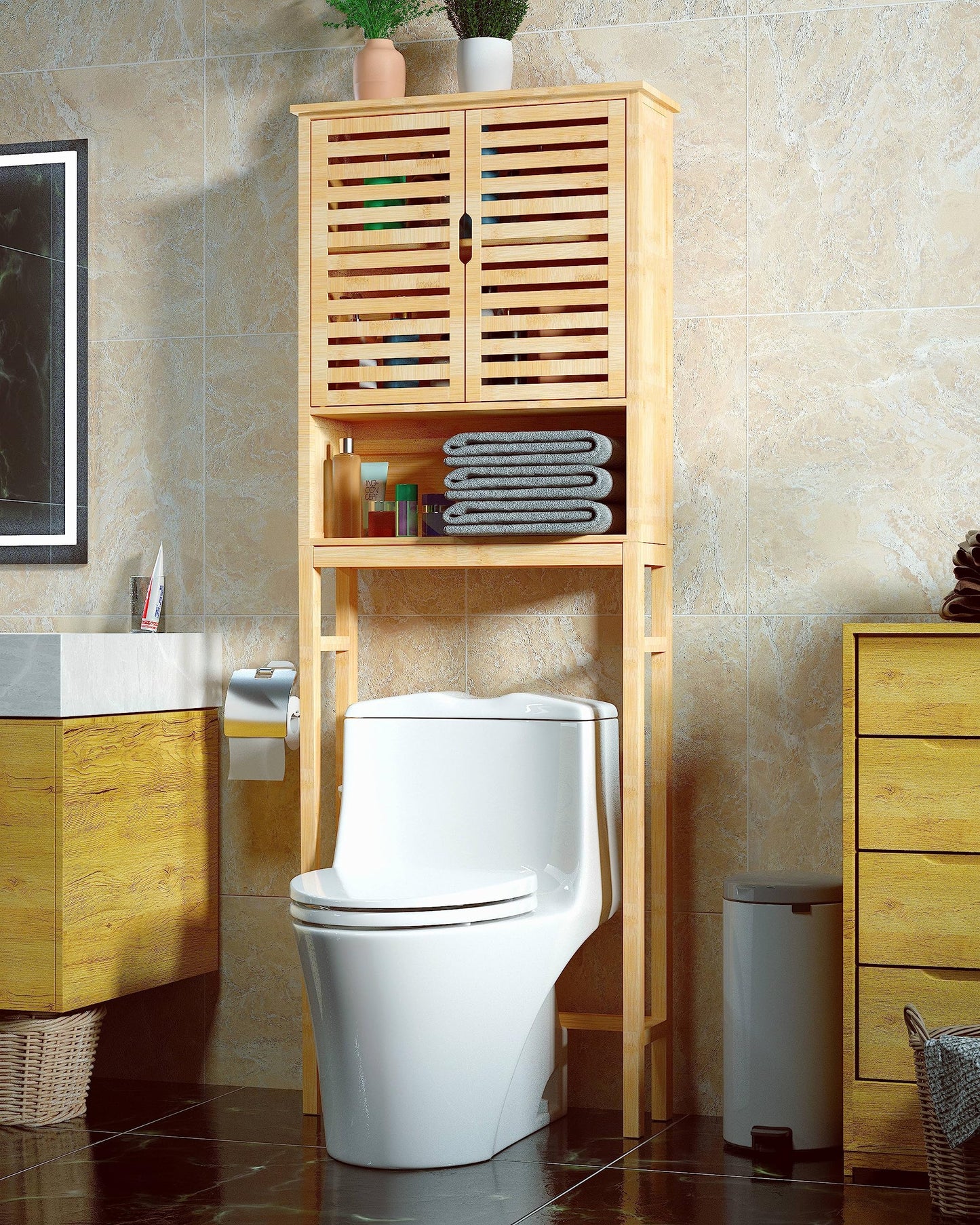 VEIKOU Natural Bamboo Over The Toilet Storage Cabinet with Removable Shelves - WoodArtSupply