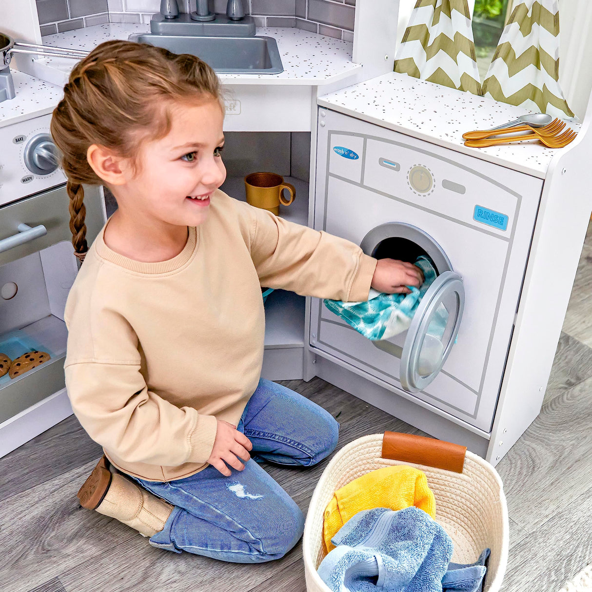 KidKraft Ultimate Corner Wooden Play Kitchen with Lights & Sounds, Play Phone and Curtains, White KidKraft