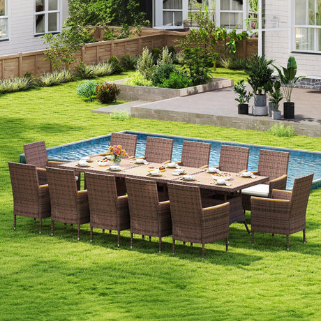 Wisteria Lane Patio Dining Sets for 12, All Weather Rattan Outdoor Table and Chairs with Acacia Wood Tabletop, Patio Dining Furniture with Removable Cushions for Deck Garden, Backyard, Brown Wisteria Lane