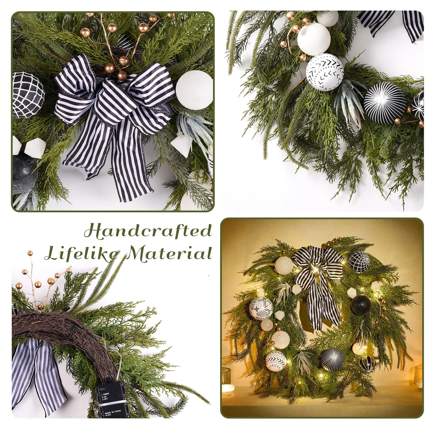 Decorbyhannah Collapsible Christmas Wreath, 24 inch Prelit Norfolk Pine Wreaths for Front Door with Ornament, Aritificial Greenery Christmas Wreath Decorations with Lights (Boho Black & White)