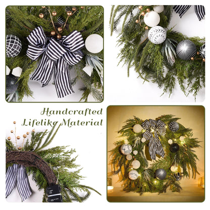 Decorbyhannah Collapsible Christmas Wreath, 24 inch Prelit Norfolk Pine Wreaths for Front Door with Ornament, Aritificial Greenery Christmas Wreath Decorations with Lights (Boho Black & White)