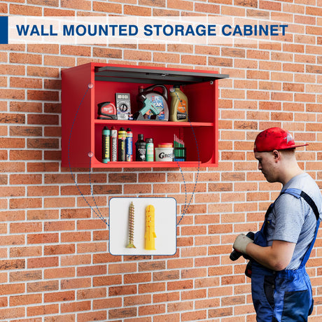 Fesbos Metal Storage Cabinet Black Red Wall Cabinets with Shelf and Locking Door - Wall Mounted Storage Cabinet for Garage Warehouse Home Office - Assembly Required Fesbos