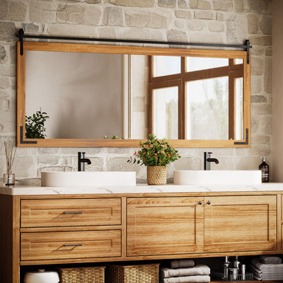 TETOTE 72” x 32” Barn Door Wood Vanity Mirror for Bathroom Sink, Waterproof Rustic Farmhouse Natural Solid Wooden Frame Rectangle Wall Mirror for Living Room Entryway, Fully Assembled