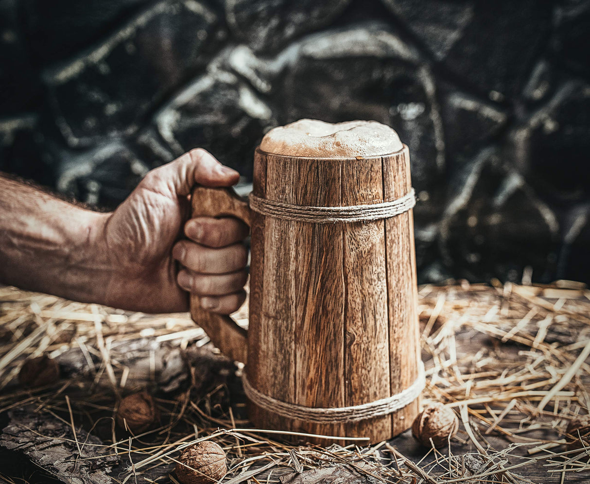Norse Tradesman Wooden Beer Mug - 100% Handcrafted Ale Tankard - Includes Medieval Gift Sack - 32 oz Norse Tradesman