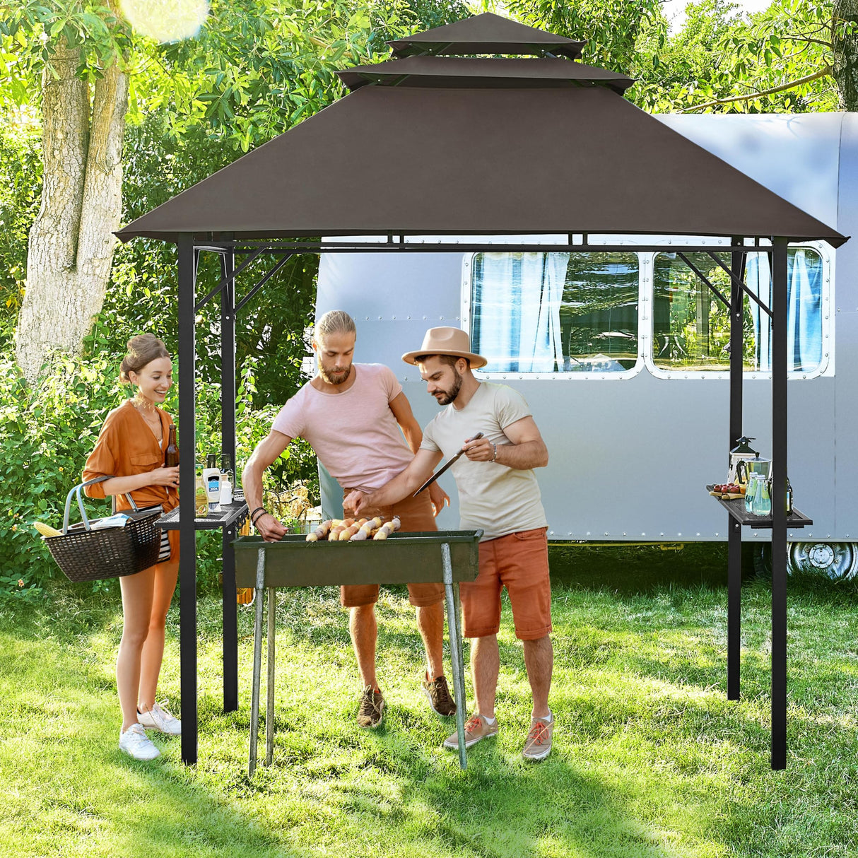 Yaheetech 8×5' Grill Gazebo, 3-Tier Outdoor BBQ Gazebo with Height-Adjustable Shelves & 10 S-Shaped Hooks & Built-in Bottle Opener, Brown Yaheetech