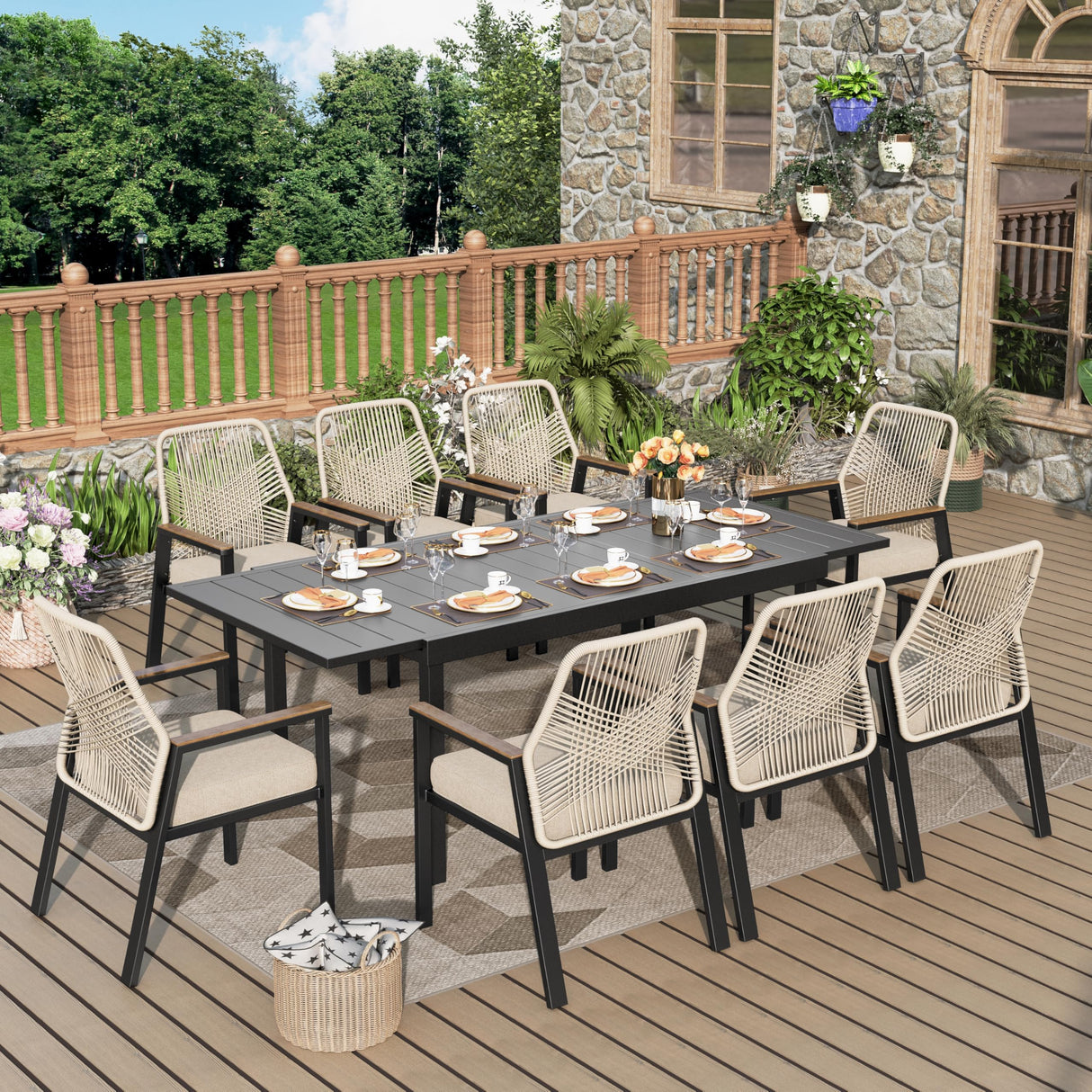 MIXPATIO 9 Pieces Outdoor Dining Set for 8, Patio Dining Set Wicker Rattan Chairs with Soft Cushion and Extendable Rectangular Table, Wicker Patio Table and Chairs for Backyard Porch MIXPATIO