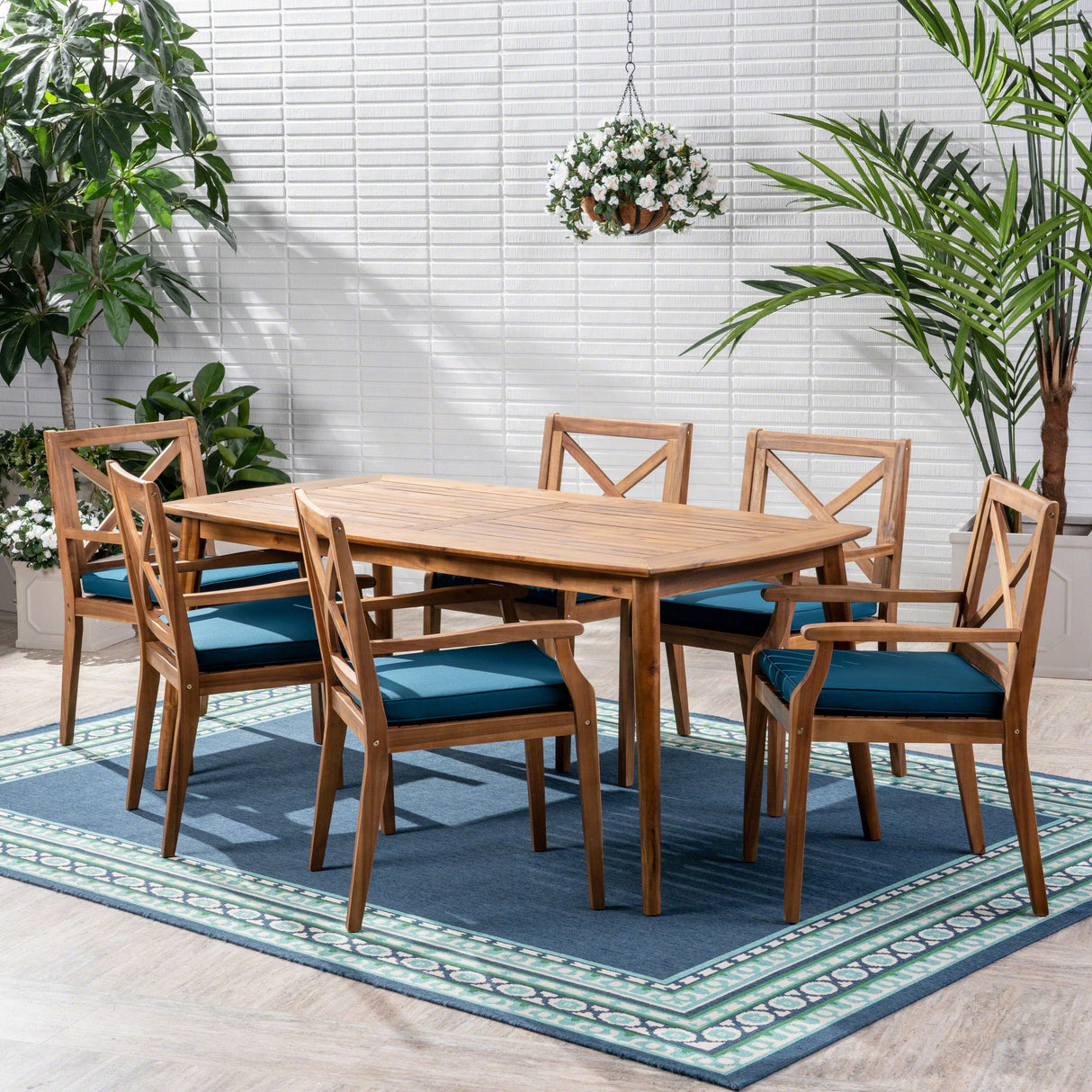 Christopher Knight Home Harvey Outdoor 7 Piece Acacia Wood Dining Set, Teak Finish/Blue Christopher Knight Home
