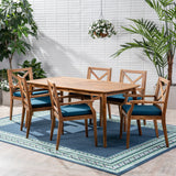 Christopher Knight Home Harvey Outdoor 7 Piece Acacia Wood Dining Set, Teak Finish/Blue Christopher Knight Home