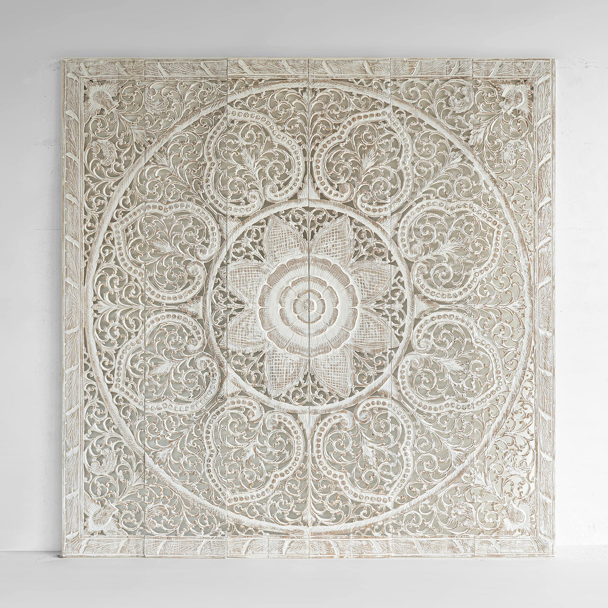 Wood Hand Carved Mandala King Size Headboard Wall Mounted Art Hanging Whitewash Bedroom Furniture Handcrafted in Thailand 72 Inches Siam Sawadee