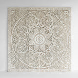 Wood Hand Carved Mandala King Size Headboard Wall Mounted Art Hanging Whitewash Bedroom Furniture Handcrafted in Thailand 72 Inches Siam Sawadee