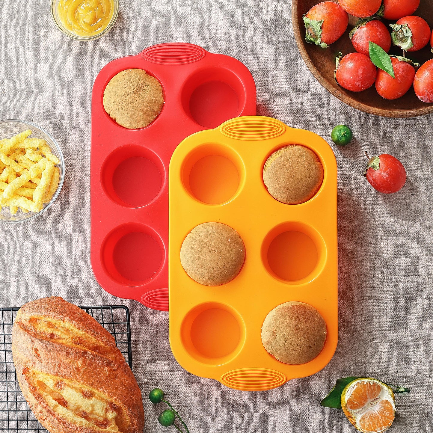 MONGSEW 2PCS Silicone Muffin Cupcake Pan Molds, 6-Cavity Non Stick Silicone Muffin Pans for Baking Muffin, Cupcakes, Brownies and More, Food Grade and BPA Free (Orange and Red)