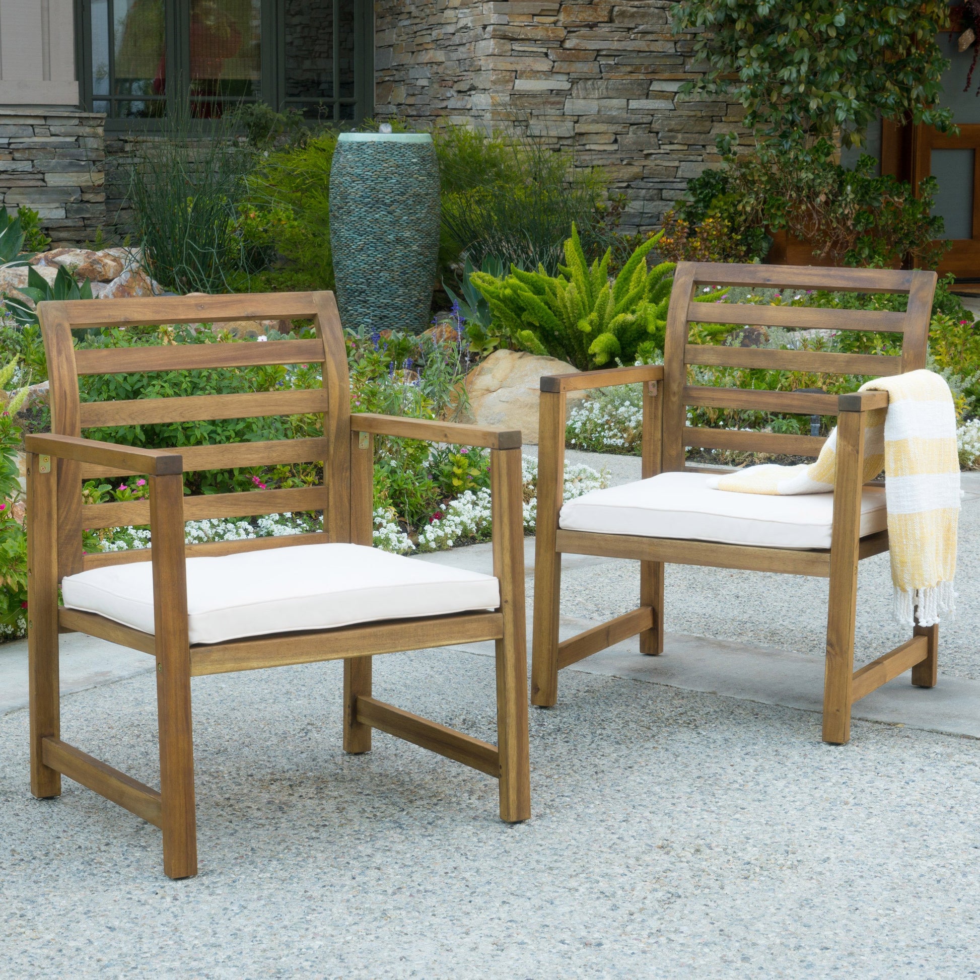 Christopher Knight Home Emilano Outdoor Acacia Wood Club Chairs, 2-Pcs Set, Natural Stained / White - WoodArtSupply