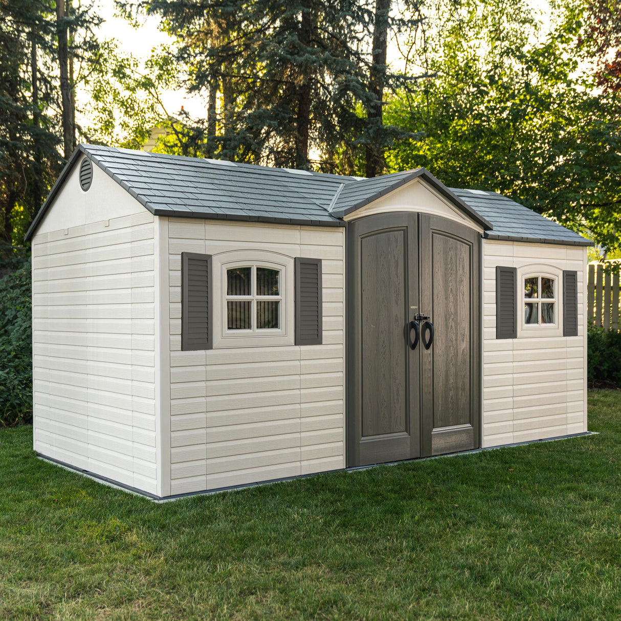 Lifetime Outdoor Storage Shed, 15x8 Ft, Desert Sand, Resin Backyard Tool Shed with Lockable Doors and UV-Protected Panels Lifetime
