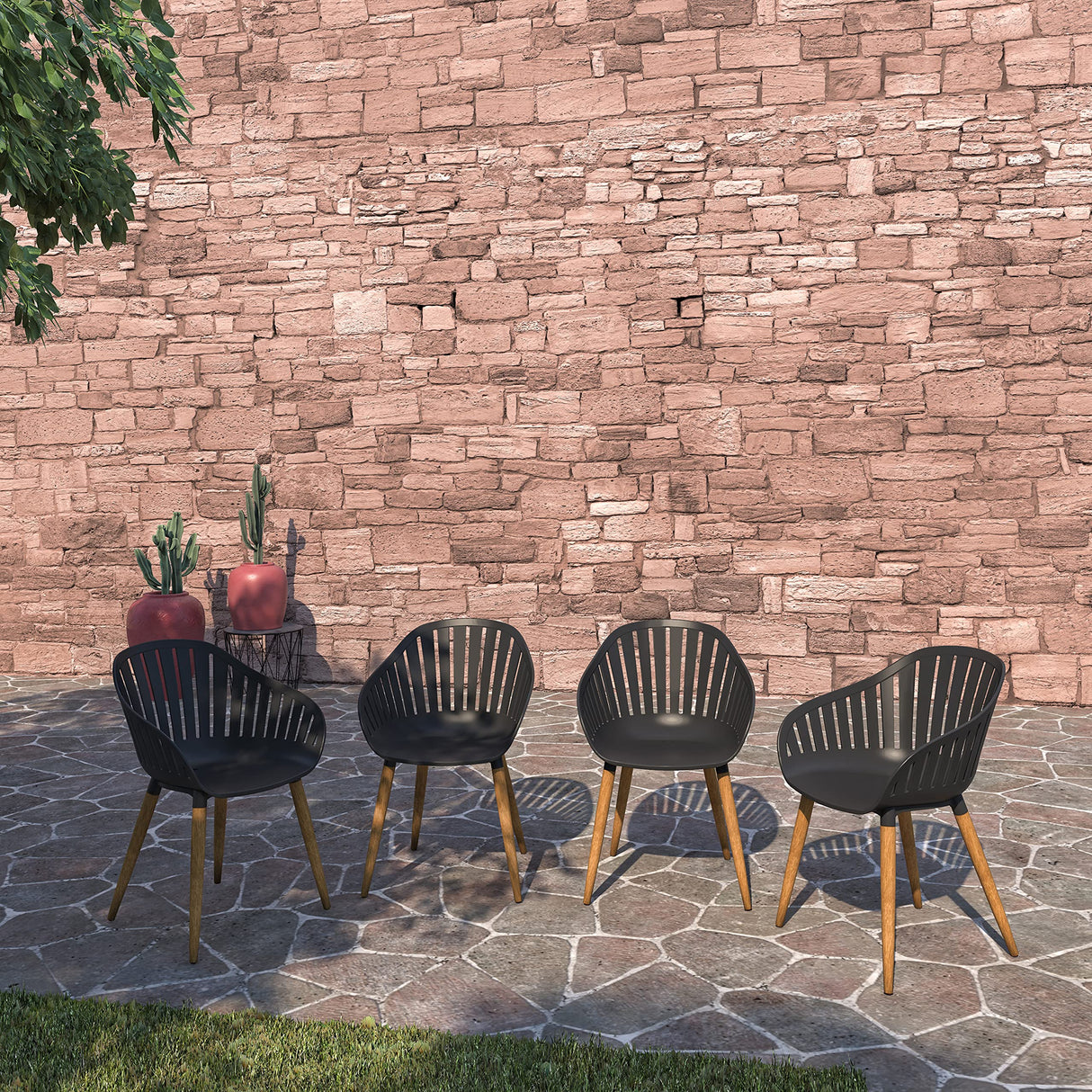 Urban Elements Nature 5-Piece Wood Patio Furniture Set | Teak Finish 100% FSC Eucalyptus | Backyard Furniture, Outside Table and Chairs, Round Outdoor Dining Set for 4, Patio Dining Set for 4 (Black) Urban Elements