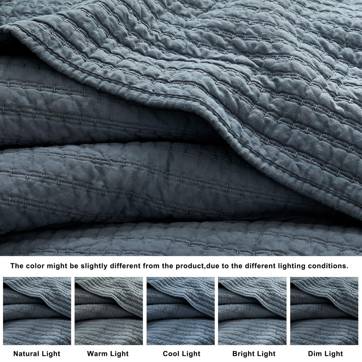 WDCOZY 100% Cotton King Size Quilt Set - Blue Striped Pick Stitch Soft Lightweight Bedspread, Textured Like Linen, Farmhouse Country Rustic Coverlet, Shabby Chic Gauze Bedding, 3 Pieces WDCOZY