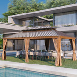 GAZEBEST 12' X 20' Permanent Hardtop Gazebo, Outdoor Galvanized Steel Double Roof Pavilion Pergola Canopy Wood-Looking with Aluminum Frame and Privacy Curtains for Garden,Patio Backyard,Deck and Lawns GAZEBEST