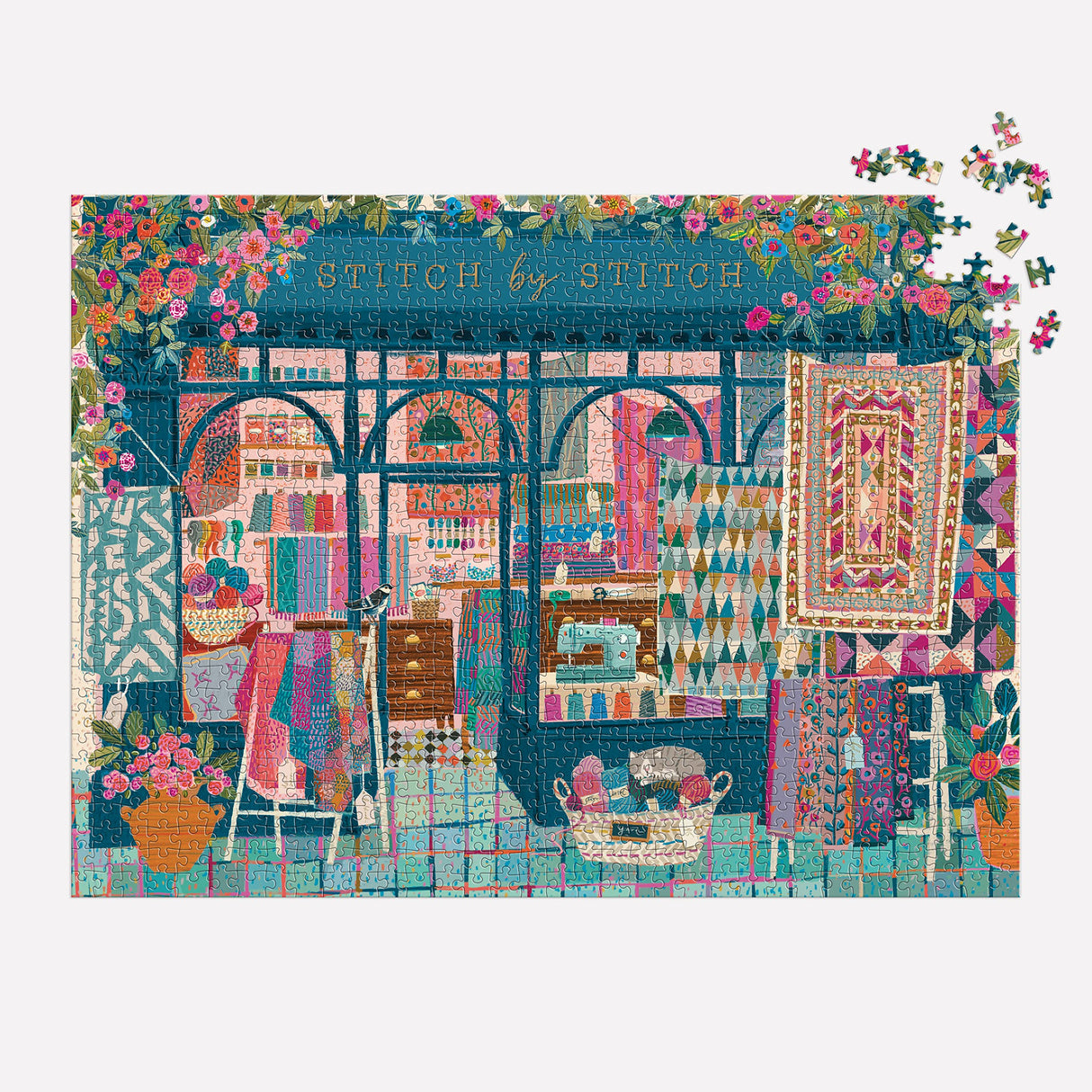 Galison Stitch by Stitch – 1000 Piece Puzzle Fun and Challenging Activity with Bright and Bold Quilting and Crafting Themed Storefront Artwork for Adults and Families Galison