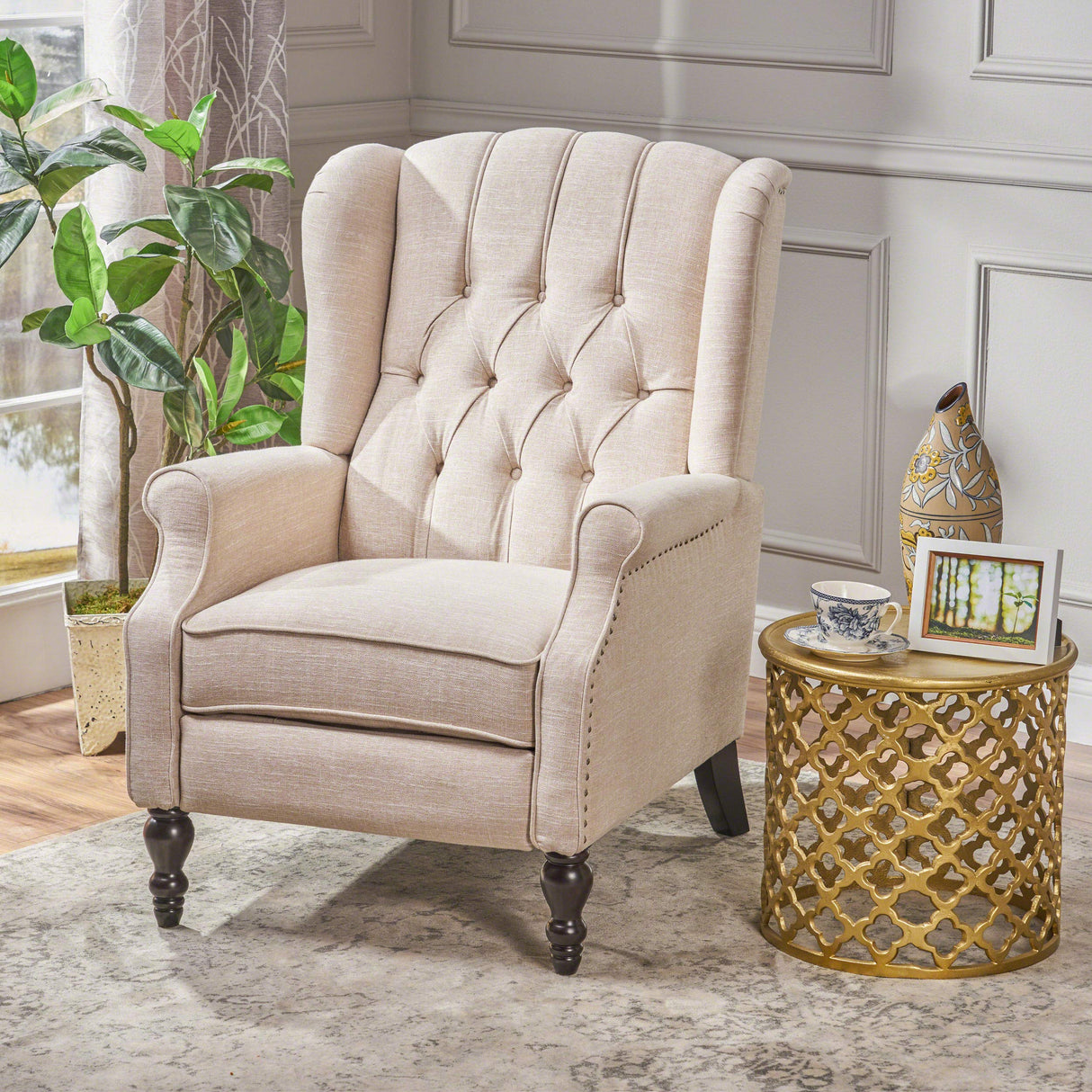 CHRISTOPHER KNIGHT HOME GDF Studio Elizabeth Tufted Fabric Recliner, Vintage Reclining Reading Armchair, Light Beige GDFStudio