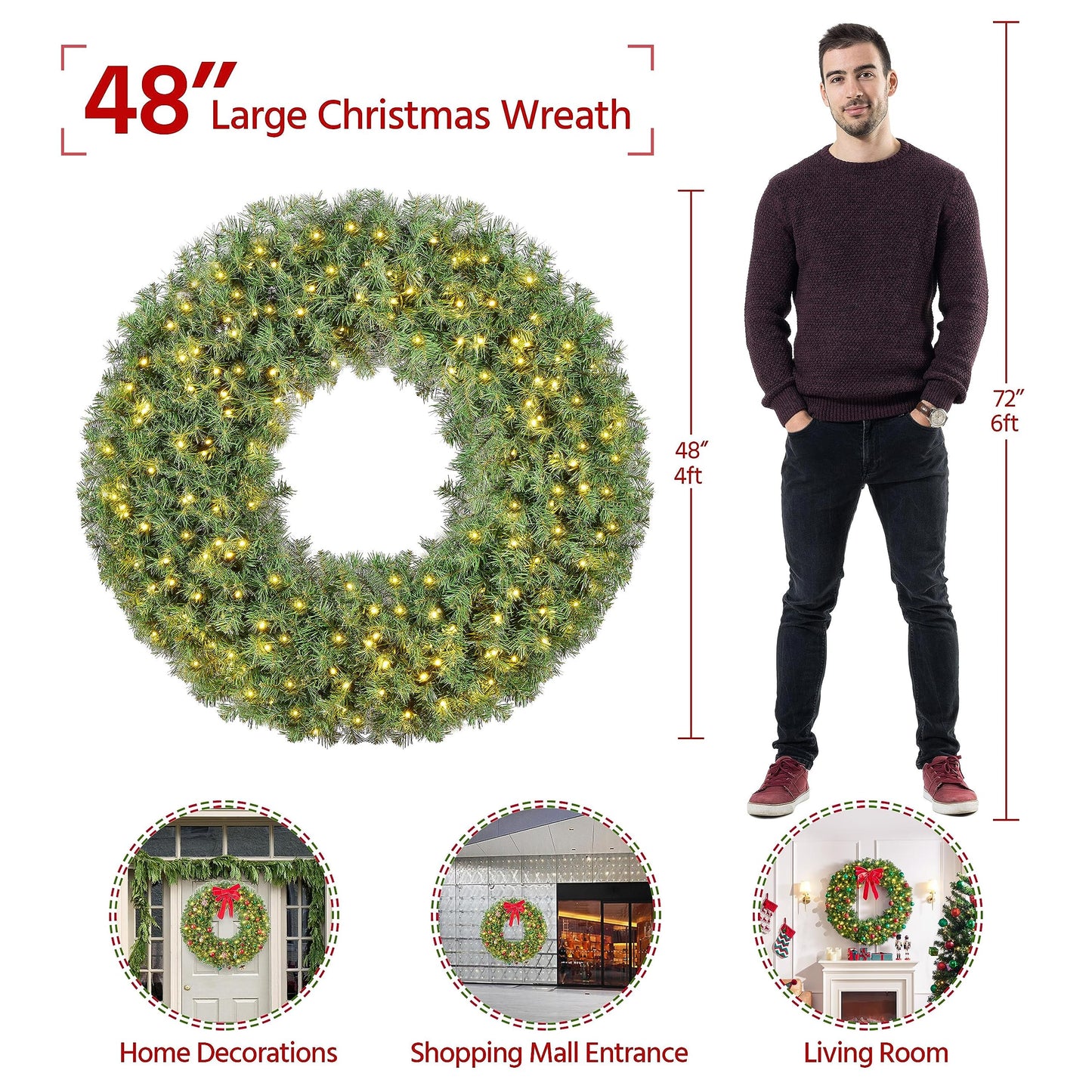 Yaheetech 48in Large Artificial Christmas Wreath, Pre-lit Holiday Accent Decoration with Red Bow, 200 LED Lights & 720 PVC Tips, Metal Structure for Door Wall & Mantel