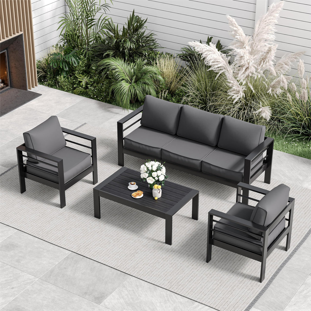 VONZOY Aluminum Patio Furniture Set, Grey Metal Outdoor Furniture Set,6 Piece Patio Furniture Set with Waterproof Covers for Backyard Garden VONZOY