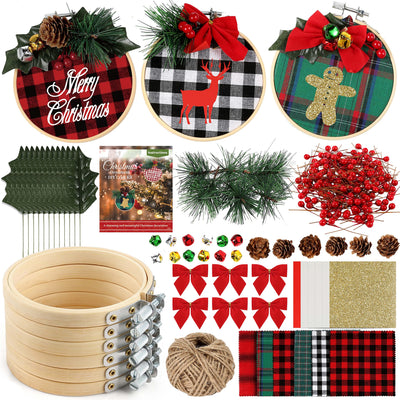Pllieay 6 Pack of Christmas Ornament DIY Craft Kit Includes Christmas Plaid Fabric, Bamboo Hoop, Mini Pinecones, Artificial Pine Needle and Artificial Small Berrie for Christmas Decorations