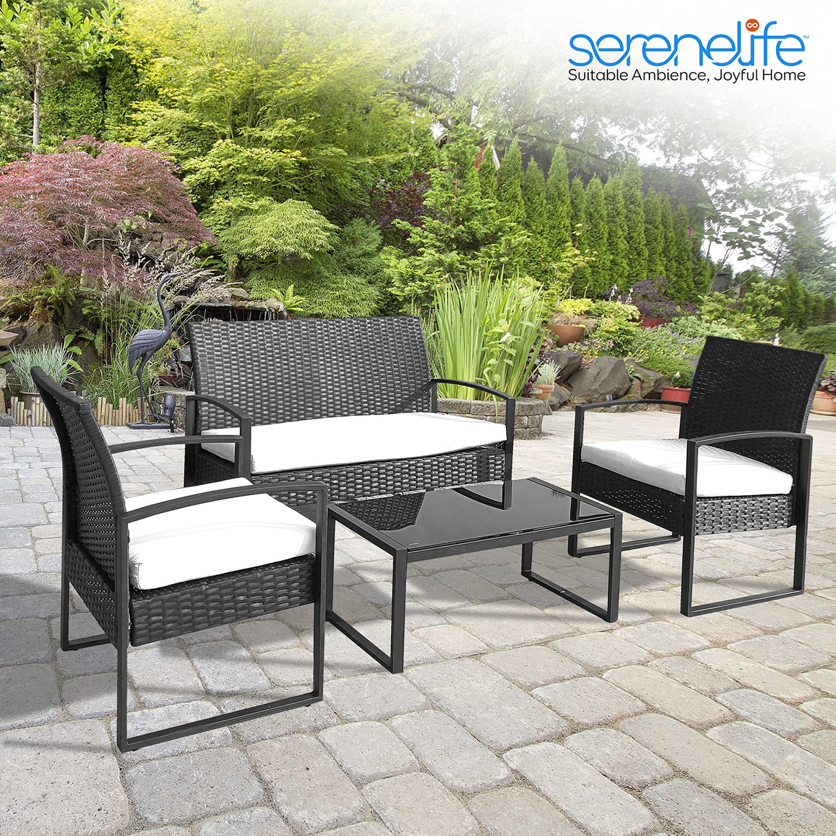 SereneLife Outdoor Living Rattan Furniture, Includes 1 Double & 2 Single Chairs with Cushion & 1 Glass-top Coffee Table 4 Piece Conversation/Chat Set, (Off Black) SereneLife