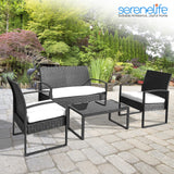 SereneLife Outdoor Living Rattan Furniture, Includes 1 Double & 2 Single Chairs with Cushion & 1 Glass-top Coffee Table 4 Piece Conversation/Chat Set, (Off Black) SereneLife