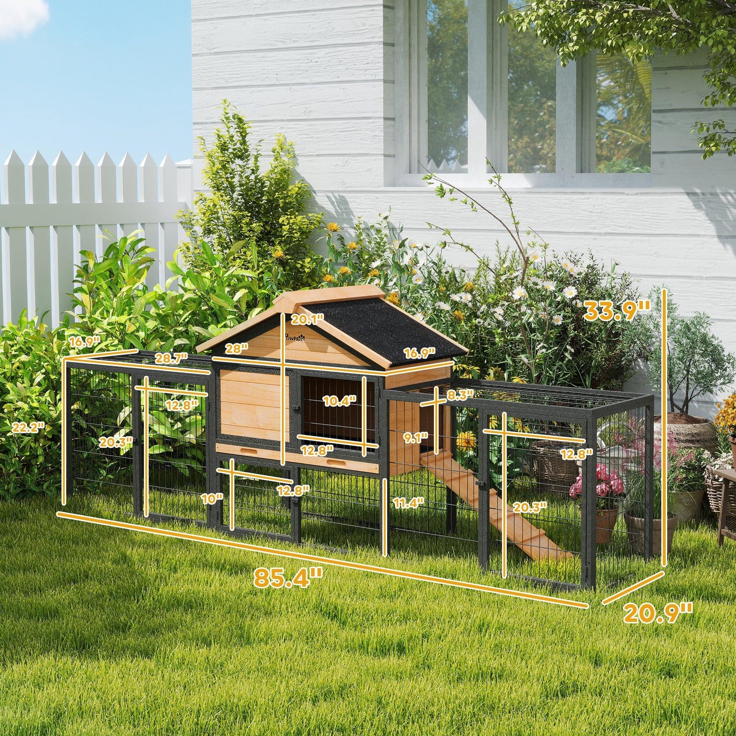 PawHut Rabbit Hutch Outdoor, 85" Large Wooden Bunny Cage with Steel Run, Removable No Leakage Tray, Waterproof Roof, Ramp, Metal Frame Guinea Pig Cage for 2-3 Small Animals Backyard Garden