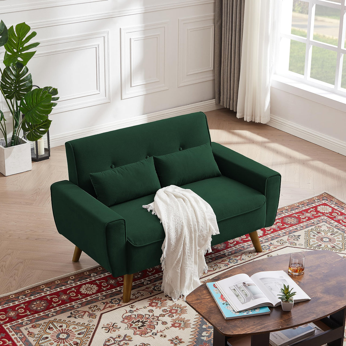 Jarenie 48" Loveseat Sofa, 2 Seater Love Seat Mid Century Modern Small Couches for Living Room Bedroom Apartment, 2 Throw Pillows and Wooden Legs, Green Jarenie