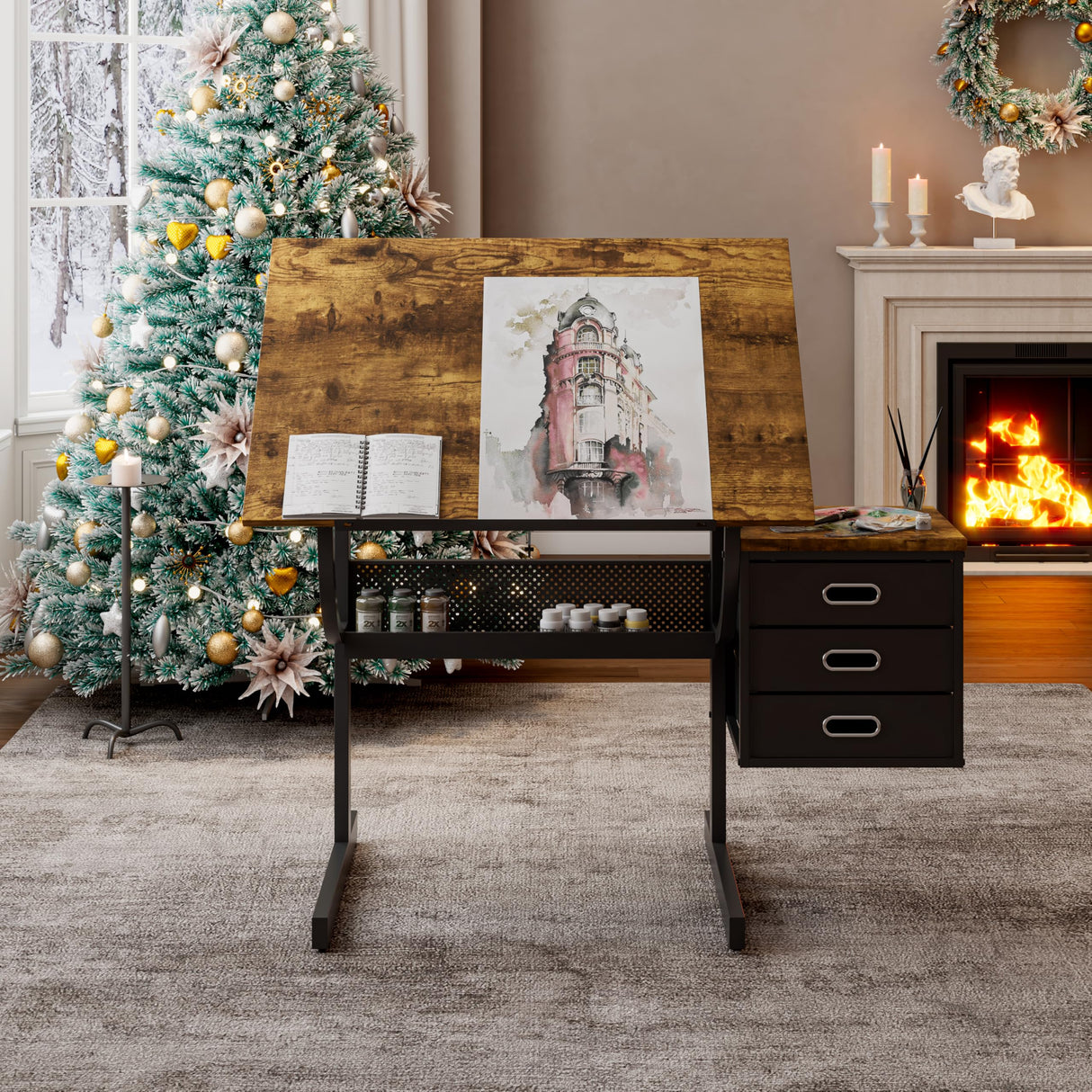 Drafting Table with Storage for Adults/Artists, Drawing Art Desk with 3 Drawers and Stool,Tabletop Adjustable Art Table Workstation for Studio Home Office School,Black KrenzhHome