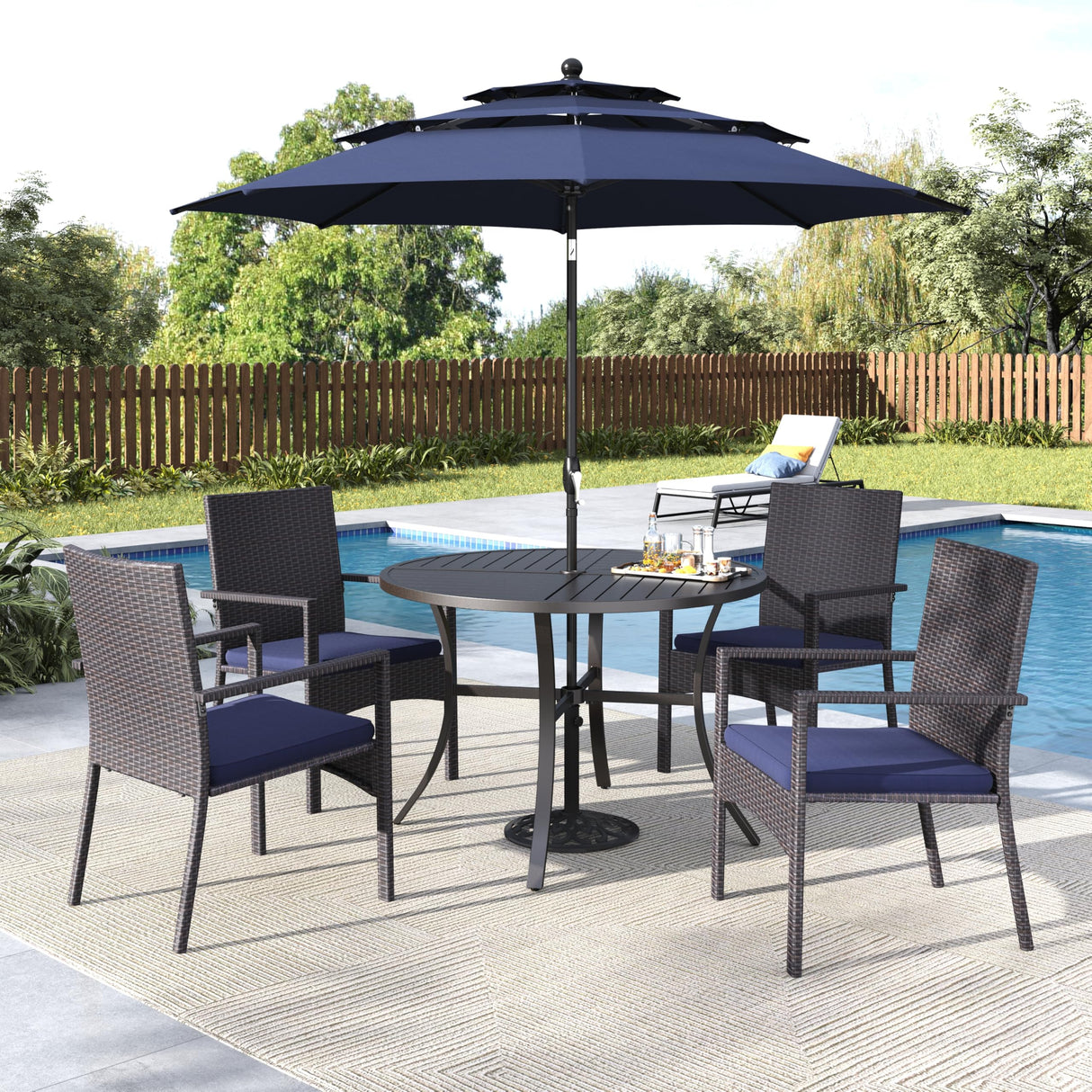 MFSTUDIO 5 Pieces Outdoor Dining Sets for 4, 42'' Round Metal Table with Chairs & 10ft Umbrella, Patio Outdoor Dining Furniture with Umbrella for Deck, Porch MFSTUDIO