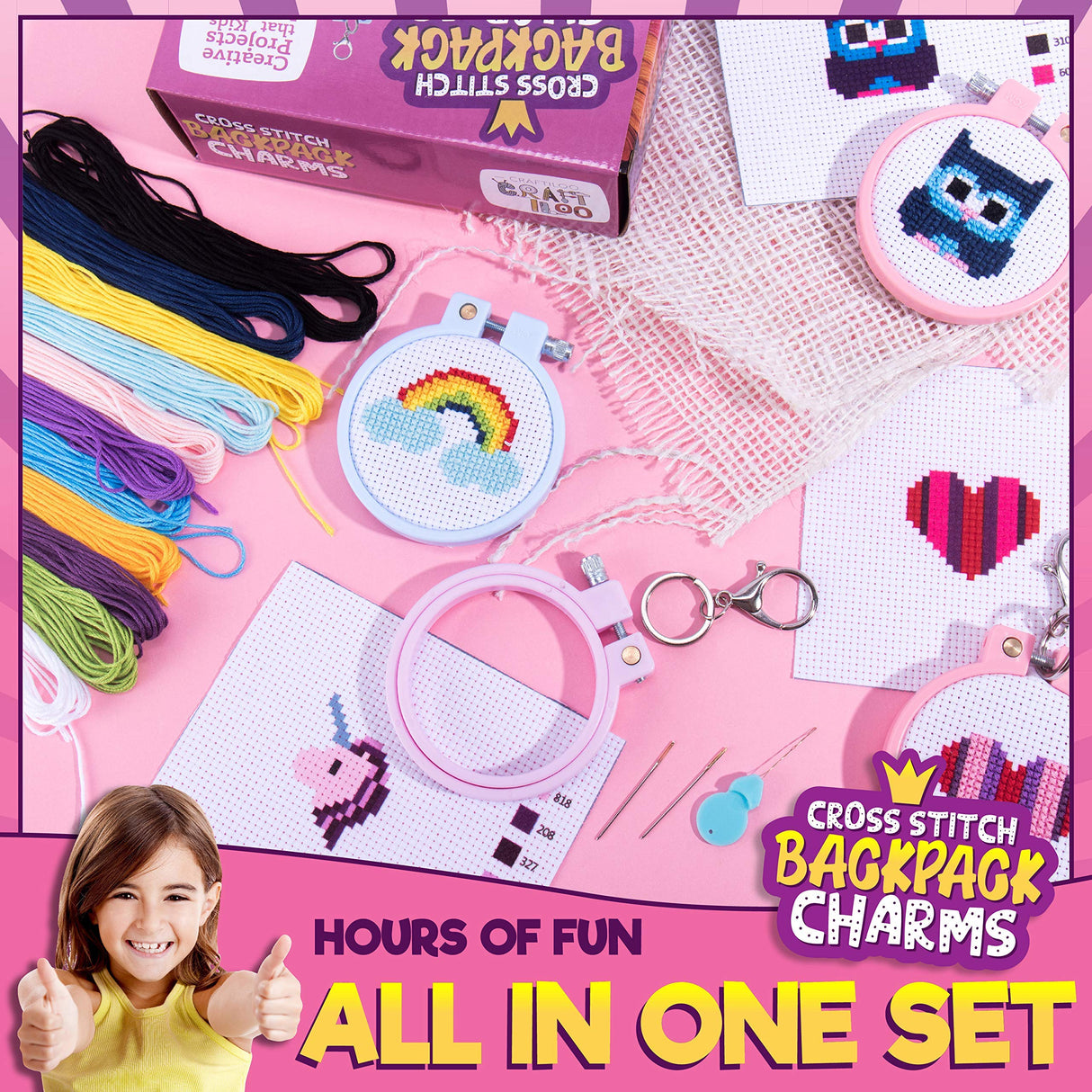 Cross Stitch Kits for Beginners. 5 Stamped Cross Stitch Kits for Kids.Needlepoint Kits for Beginners. Embroidery Kit for Kids. Crossstitch Kit for Beginners. Girls Cross Stitch kit Backpack Charms CRAFTILOO