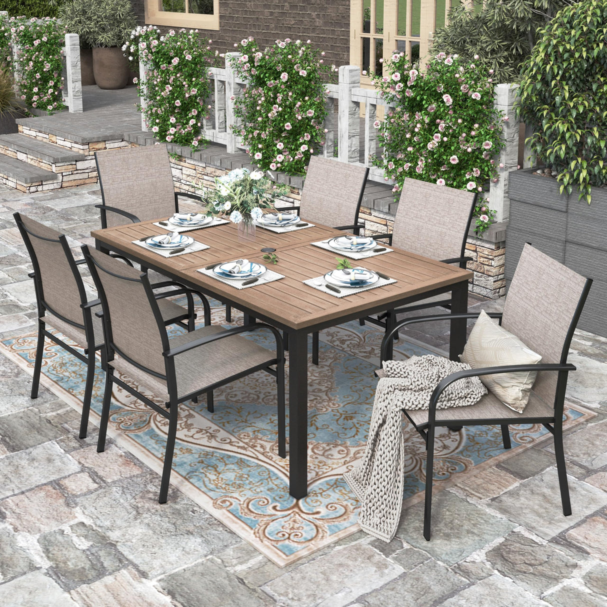 HERA'S HOUSE Outdoor Dining Set, 64" Wood Grain Rectangle Metal Table with Umbrella Hole and 6 Armrest Chairs, Patio Table and Chairs for Backyard Garden Porch HERA'S HOUSE