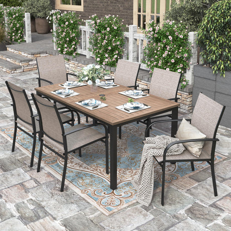 HERA'S HOUSE Outdoor Dining Set, 64" Wood Grain Rectangle Metal Table with Umbrella Hole and 6 Armrest Chairs, Patio Table and Chairs for Backyard Garden Porch HERA'S HOUSE