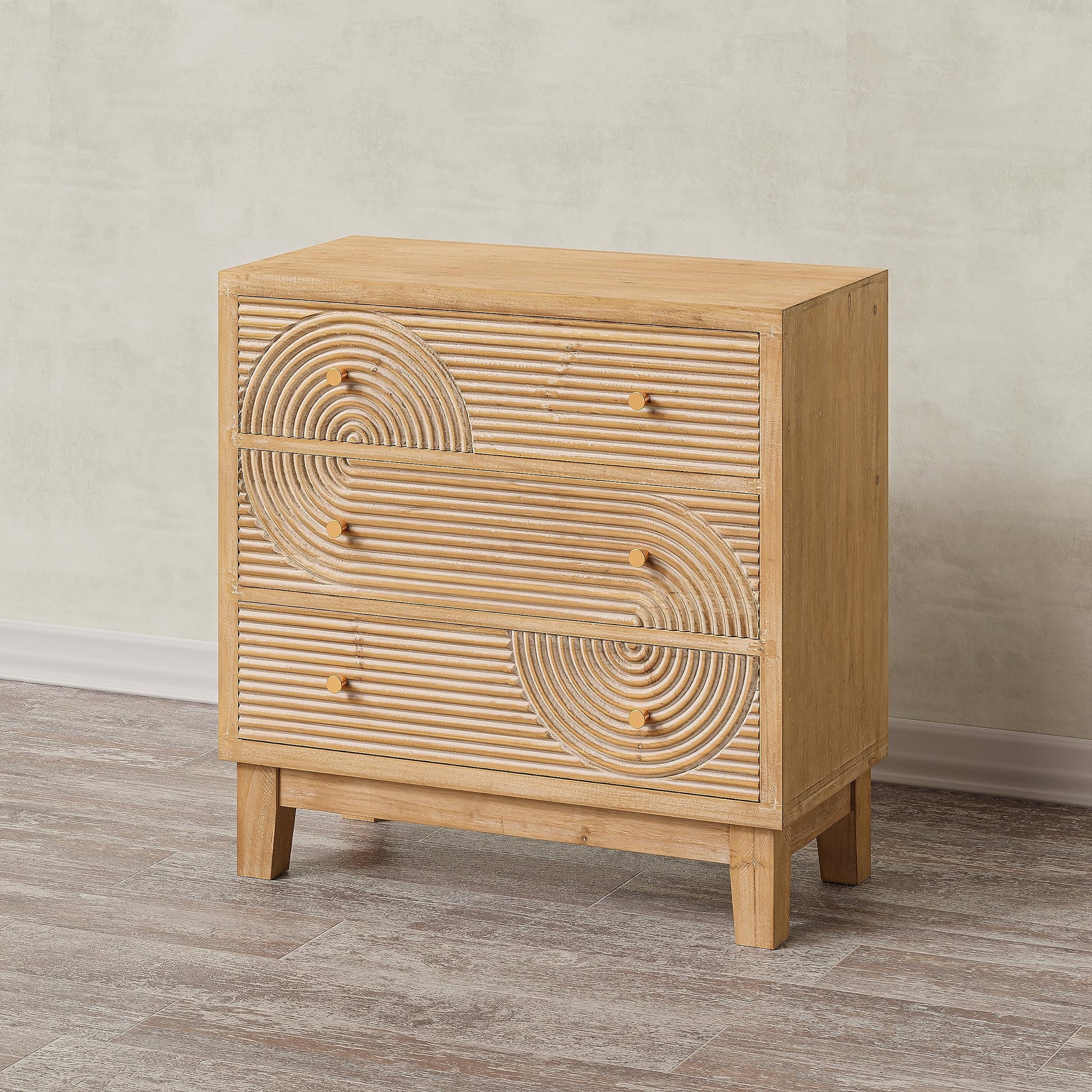 COZAYH 3-Drawer Farmhouse Dresser with Handicraft Wood Ring Motif, Fully Assembled Nightstand Wooden Finish for Boho, Mid-Century, Natural Wood, Rustic Style - WoodArtSupply