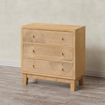 COZAYH 3-Drawer Farmhouse Dresser with Handicraft Wood Ring Motif, Fully Assembled Nightstand Wooden Finish for Boho, Mid-Century, Natural Wood, Rustic Style - WoodArtSupply