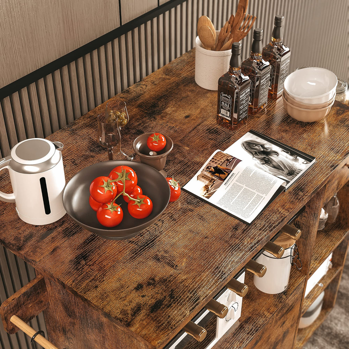 IRONCK Rolling Kitchen Island Cart with Drop-Leaf and Wine Rack, Microwave Rack Serving Cart on Wheels with Drawer & Shelves & Spice Rack & Cup Hanging, Vintage Brown IRONCK