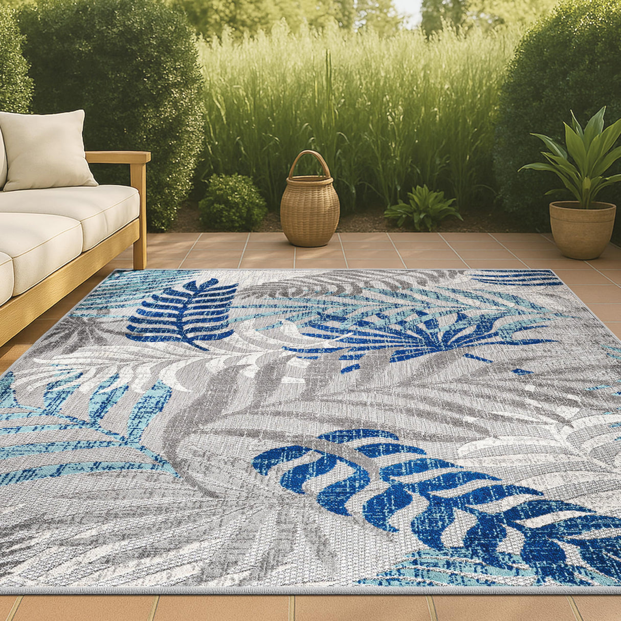 JONATHAN Y Tropics Palm Leaves Indoor Outdoor Area Rug 3X5 Gray/Blue, Boho for Backyard, Patio, Porch, Easy-Cleaning, High Traffic, Pet-Friendly, Non-Shedding (AMC100A-3) JONATHAN Y